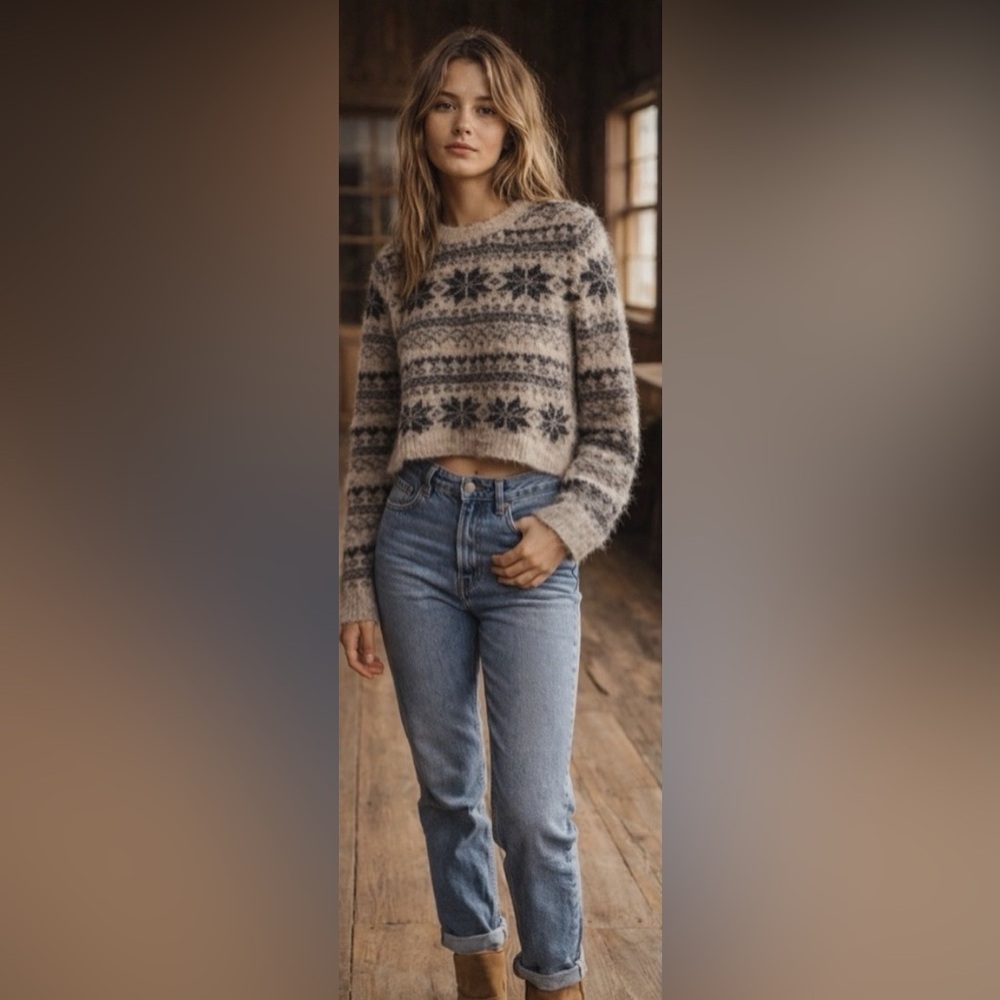 Free People one FP Fuzzy Sweater Small Cropped Nordic Snowflake Cozy Boho Cabin